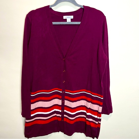 Liz Claiborne Sweaters - Liz Claiborne Long Cardigan Burgundy Red Pink Stripe Super Soft Size Large